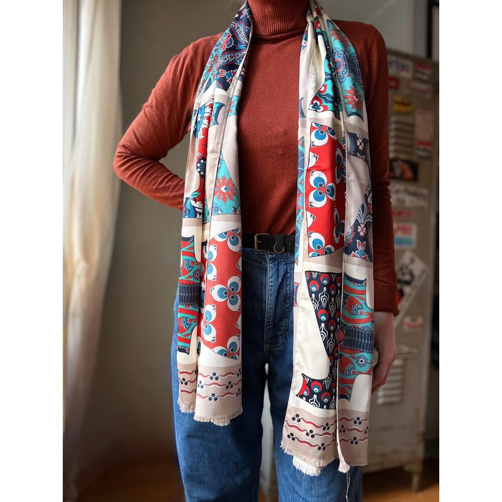 Vintage 70 Kimono Print Scarf | Oversized Mod Novelty Shawl Wrap - Picture 3 of 8